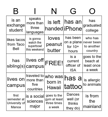 International Student Organization BINGO Card