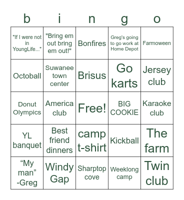 nghs younglife bingo #2 Bingo Card