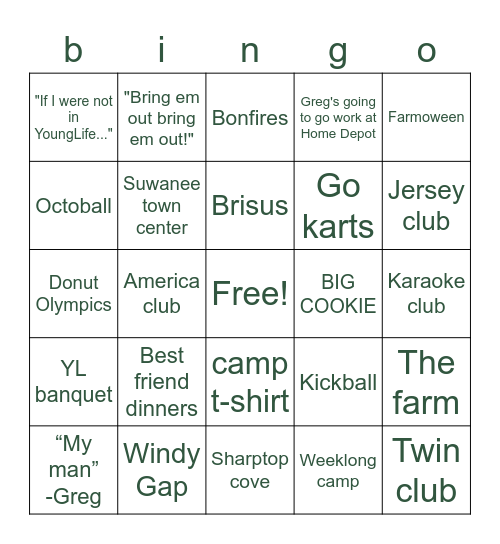 nghs younglife bingo #2 Bingo Card