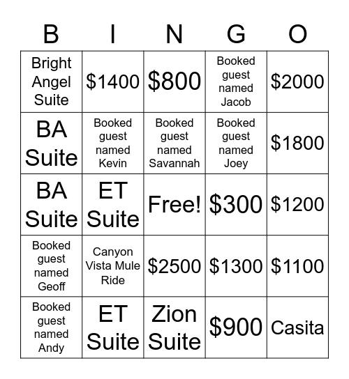 XANTERRA BINGO Card