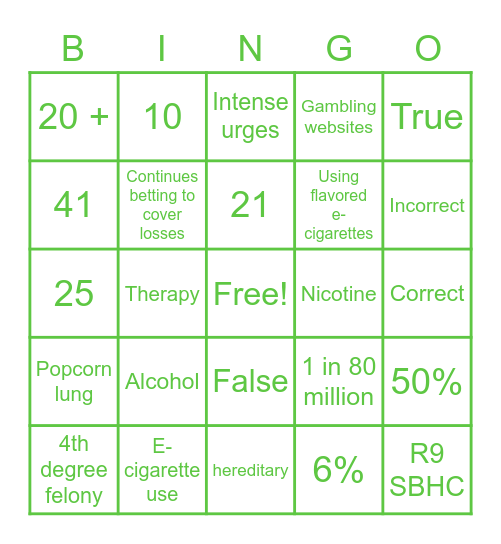 Addictive Behaviors Bingo Card