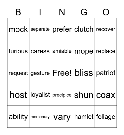 Unit 12 vocabulary Bingo Card