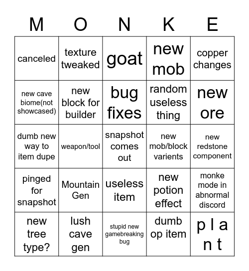 Snapshot= M O N K E M O D E Bingo Card