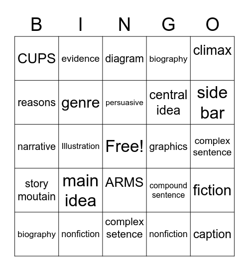 Vocabulary Word Bingo Card