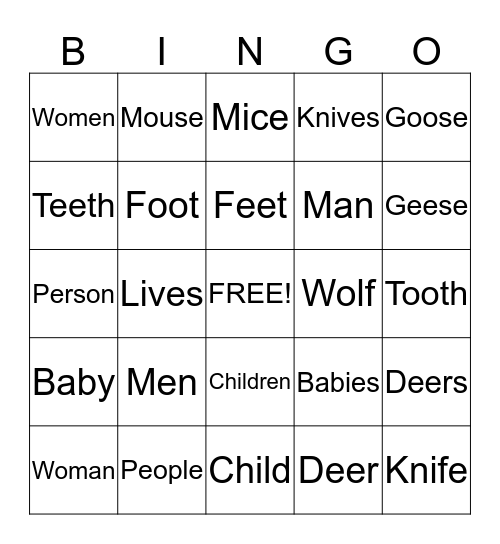 Irregular Nouns  Bingo Card