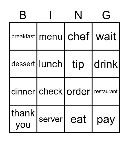 Restaurant Bingo Card