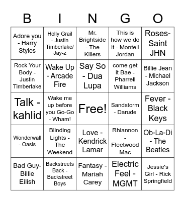 Pop Music Bingo Card