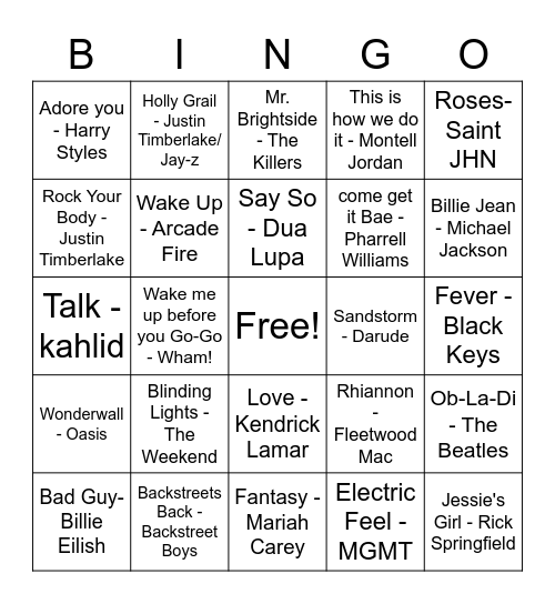 Pop Music Bingo Card