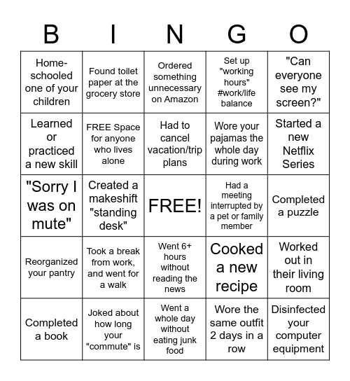 COVID-19 Work from Home Bingo Card