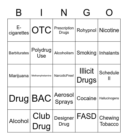 Alcohol, Tobacco, and Other Drugs Bingo Card