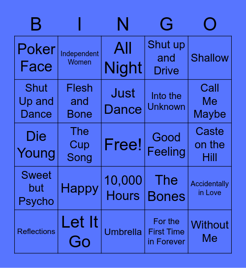 Virtual Song Bingo 3 Bingo Card