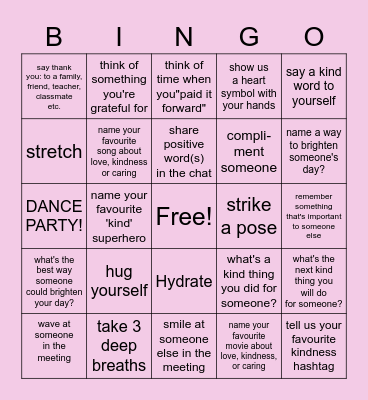 Pink Shirt Day Bingo Card