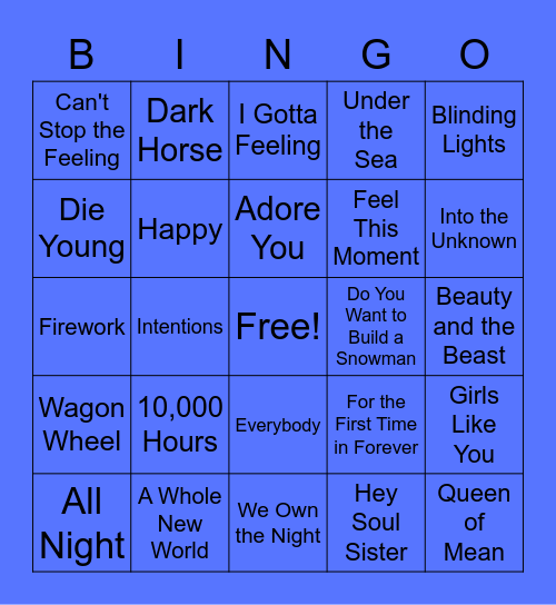 Virtual Song Bingo 10 Bingo Card