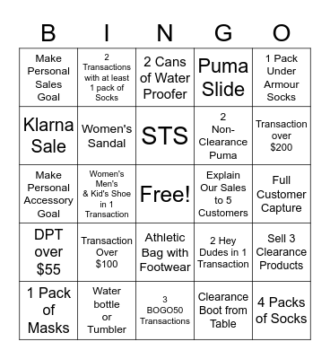 Shoe Sensation Bingo Card