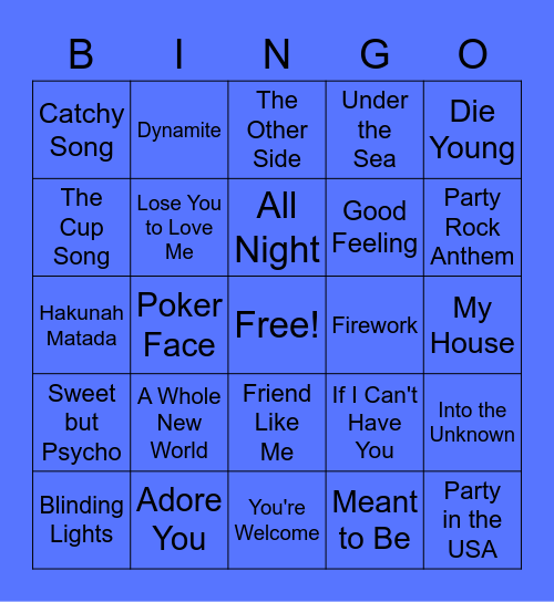 Virtual Song Bingo 13 Bingo Card