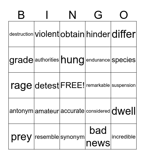 Anna Claire's Fantastic Vocabulary Bingo Card