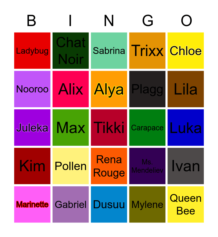 Miraculous Ladybug Bingo Card