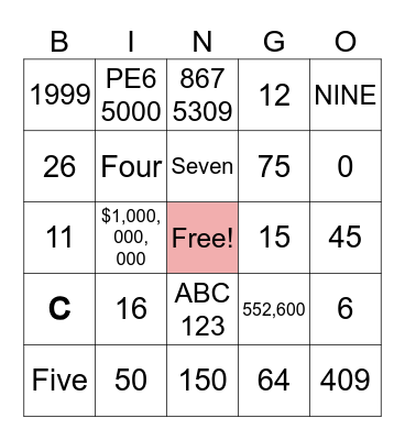 Numbers and a Few Letters Bingo Card