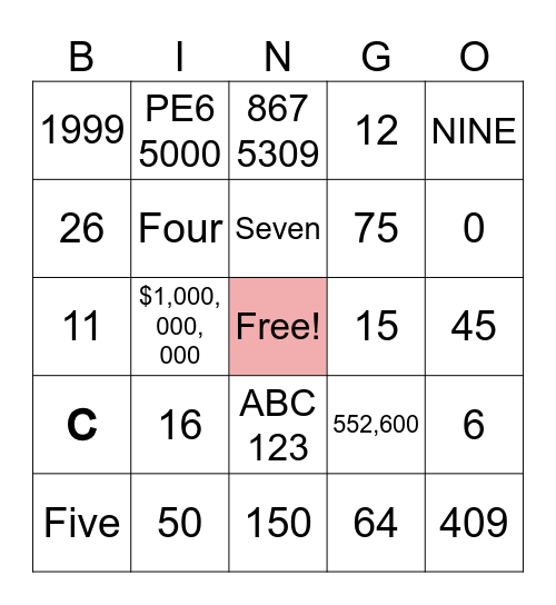 Numbers and a Few Letters Bingo Card