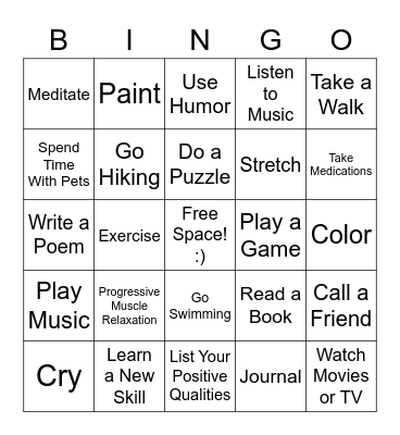 Positive Coping Skills Bingo Card