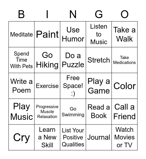 Positive Coping Skills Bingo Card
