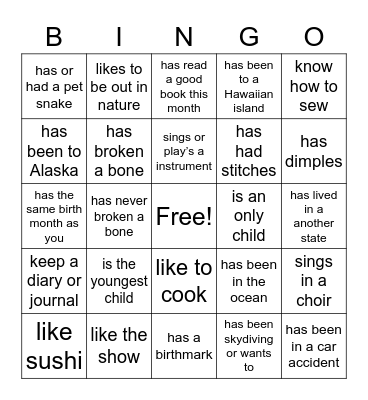 Get to know you bingo Card