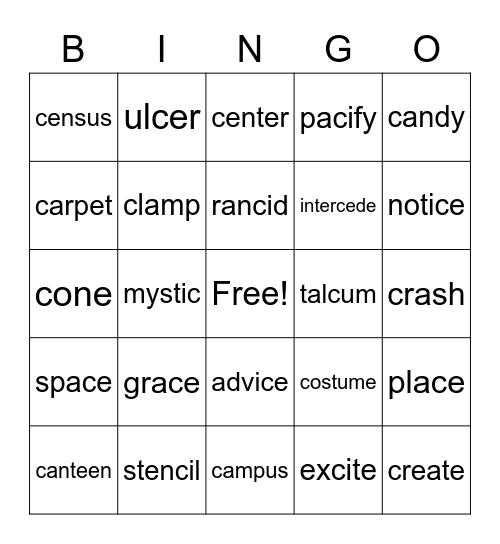 Soft c or Hard c Bingo Card