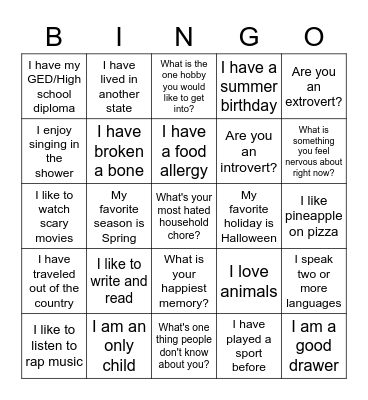 Get To Know Me Bingo Card