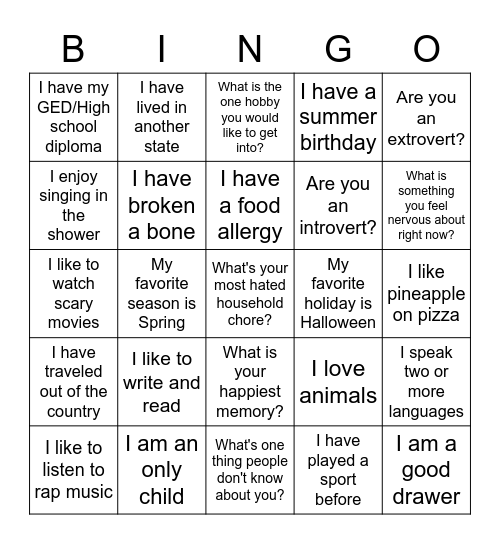 Get To Know Me Bingo Card