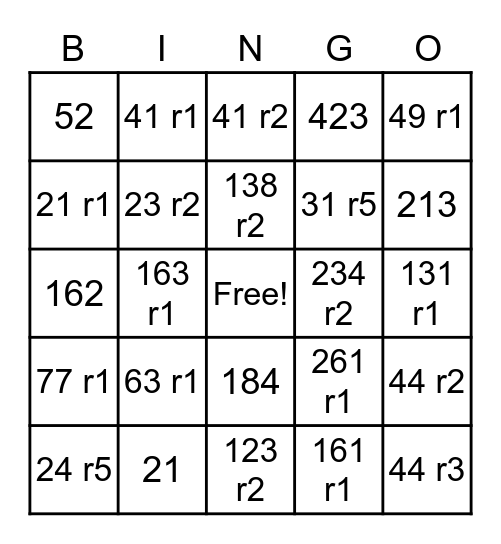 Partial Quotient Math Bingo Card