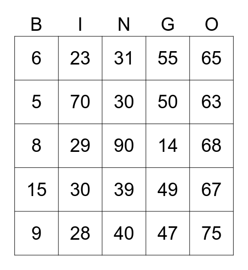 Number Bingo 1-75 Bingo Card