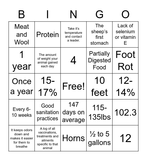 Lamb Project Bingo Card