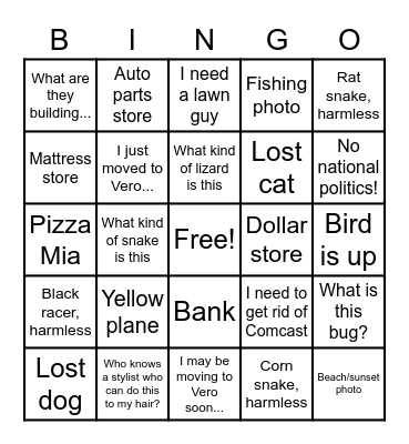 Vero Beach Neighborhood Bingo Card