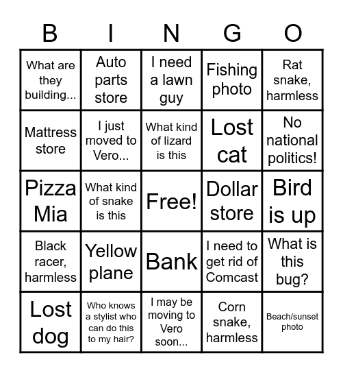 Vero Beach Neighborhood Bingo Card