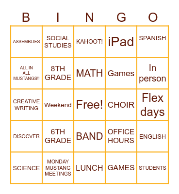 MONROE MUSTANG BINGO Card