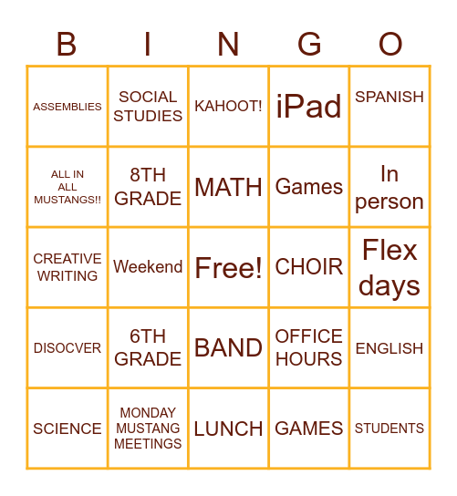 MONROE MUSTANG BINGO Card