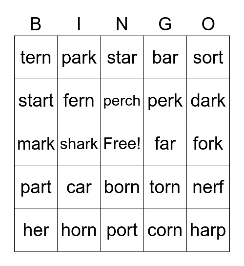 R controlled words Bingo Card