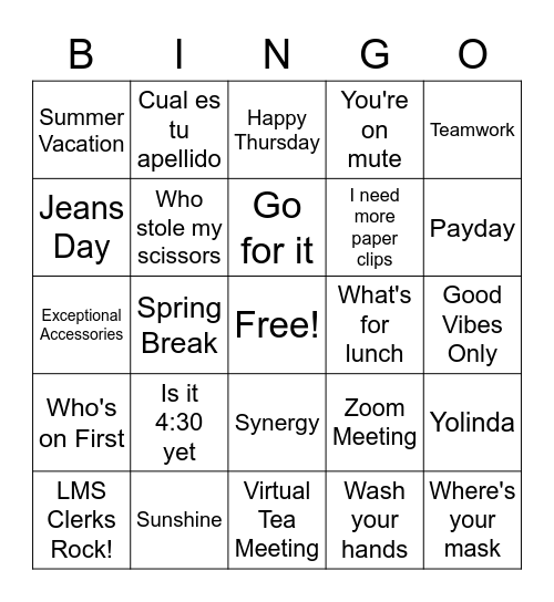 Tea Meeting Bingo Card