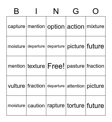 -tion and -ture Words Bingo Card