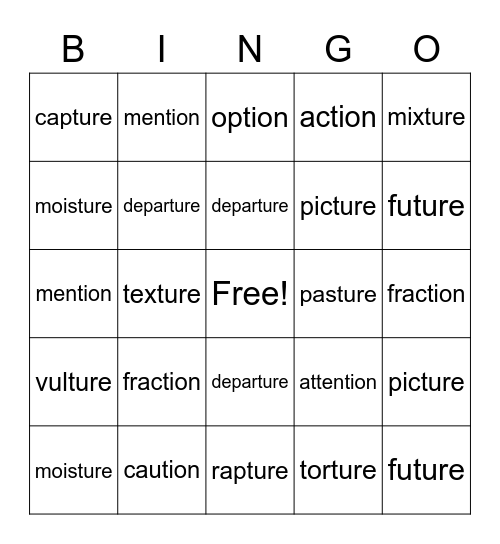 -tion and -ture Words Bingo Card