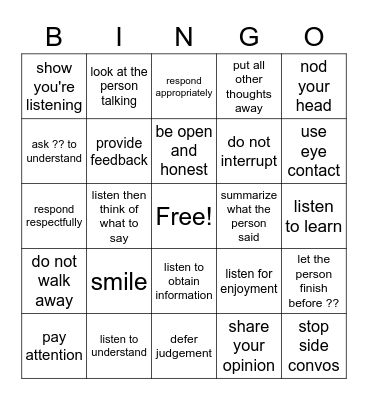 Listening skills Bingo Card