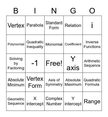 Algebra Bingo Card