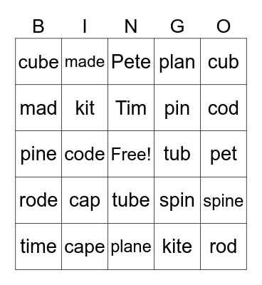 Sneaky 'E' Bingo Card