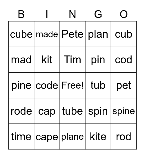 Sneaky 'E' Bingo Card