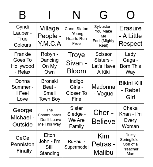 LGBT+ anthems Bingo Card