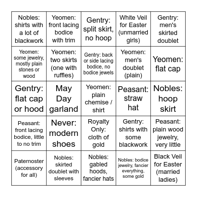 Costuming Bingo Card