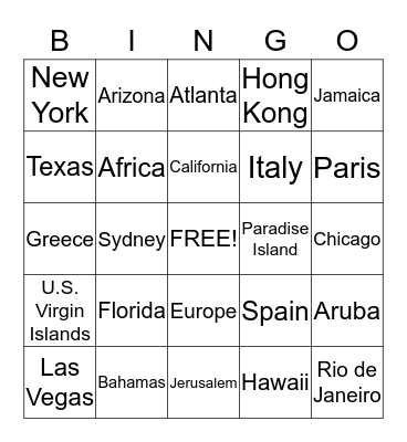 Vacation Spots Bingo Card