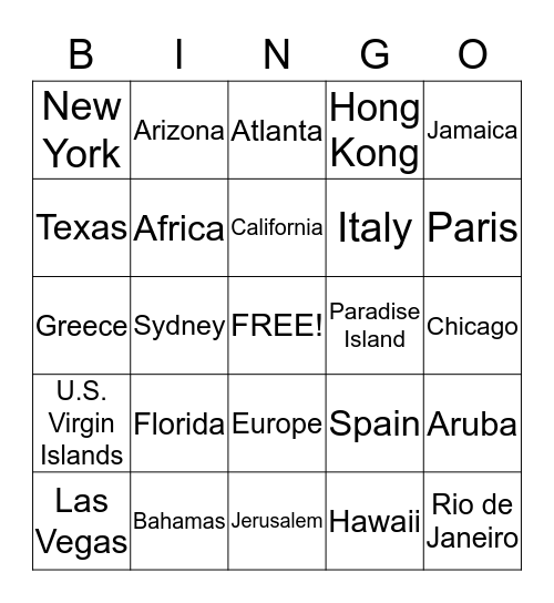 Vacation Spots Bingo Card