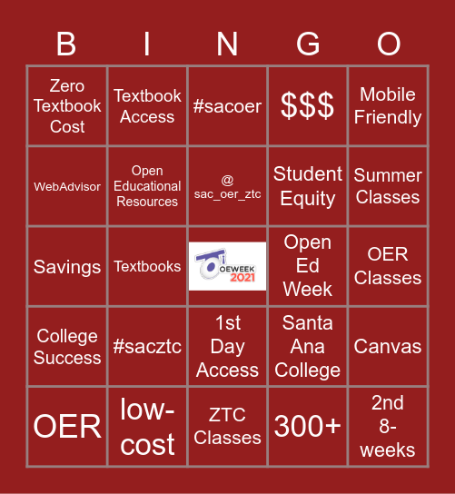 Open Ed Week 2021 Bingo Card