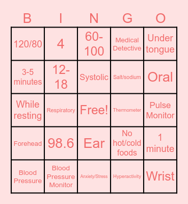 Vital Signs Bingo Card